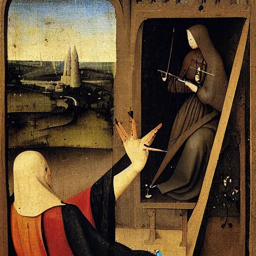 Prompt: woman recording her first tik tok video ever, 1 4 3 0, medieval by hieronymus bosch