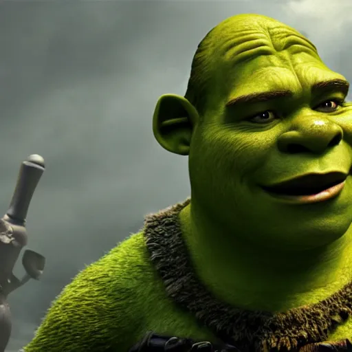 Prompt: film still of Shrek as Morpheus in The Matrix, full-shot, 4k