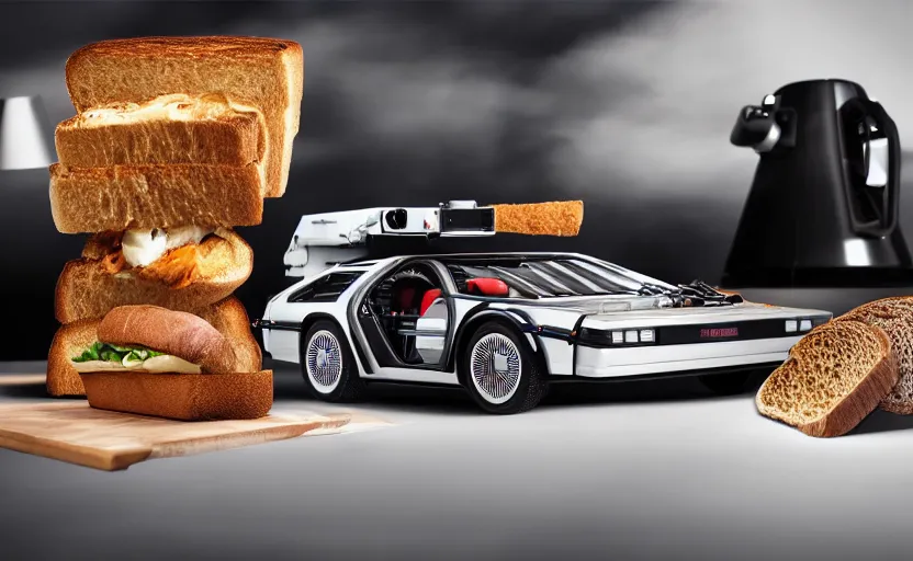 Image similar to a time-traveling delorean styled toaster with toast, bread inserted into slot, professional product shot, magazine ad