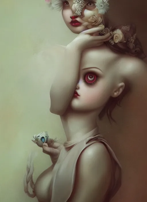 Image similar to pop surrealism, lowbrow art, realistic cute seductive feminine girl painting, romantic gown, hyper realism, muted colours, rococo, natalie shau, loreta lux, tom bagshaw, mark ryden, trevor brown style,