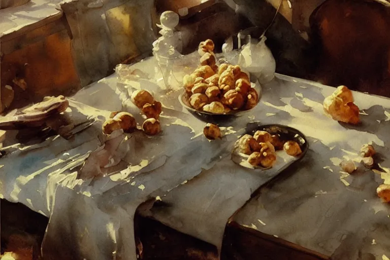 Image similar to paint brush strokes, abstract watercolor painting of walnuts on table cloth, leaves, art by hans dahl, by jesper ejsing, art by anders zorn, wonderful masterpiece by greg rutkowski, cinematic light, american romanticism by greg manchess, creation by tyler edlin