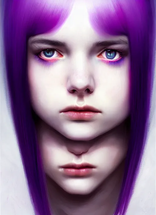 Image similar to hair whitebangs hair, black hair, whitebangs, portrait of teenage girl with white bangs, red irises, purple clothes, white bangs, bangs are different color from hair, intricate, elegant, glowing lights, highly detailed, digital painting, artstation, concept art, smooth, sharp focus, illustration, art by wlop, mars ravelo and greg rutkowski