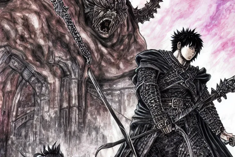 Prompt: guts, big black sword, detailed face, high detail, castle background, colourful, epic scene, high contrast, by kentaro miura