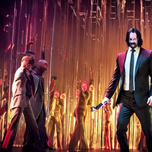 Image similar to Production photo of John Wick the musical on broadway, dancing, singing, fighting, John Wick costumes by Julie Taymor, set design by Julie Taymor