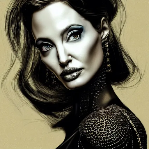 Image similar to the portrait of an absurdly elegant, sophisticated, fashionable ottomanpunk robotess idol, an ultrafine hyperdetailed illustration of angelina jolie by kim jisu, intricate linework, neon wiring, electronics, porcelain skin, unreal engine 5 highly rendered, global illumination, radiant light, detailed and intricate environment, by rutkowski, artgerm, marvel comics