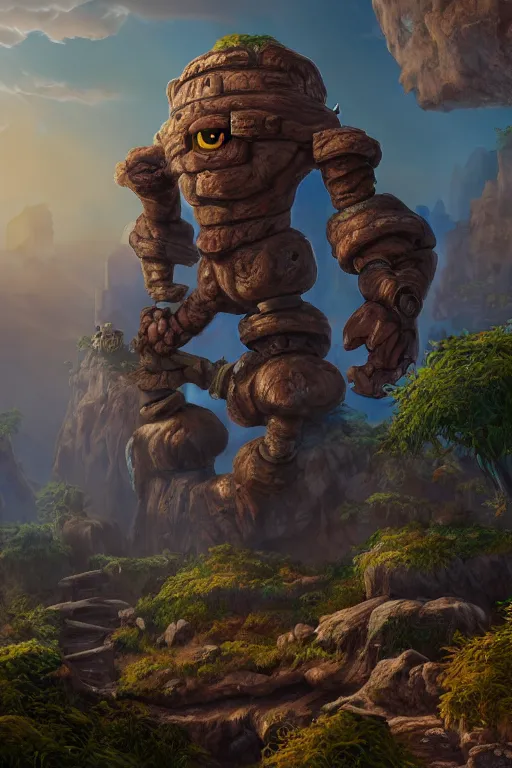 Image similar to zelda fantasy art giant golem troll wood rock greeble gemstone, global illumination ray tracing hdr fanart arstation by sung choi and eric pfeiffer and gabriel garza and casper konefal