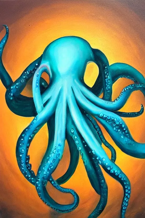 Prompt: oil painting, teal octopus, golden accents