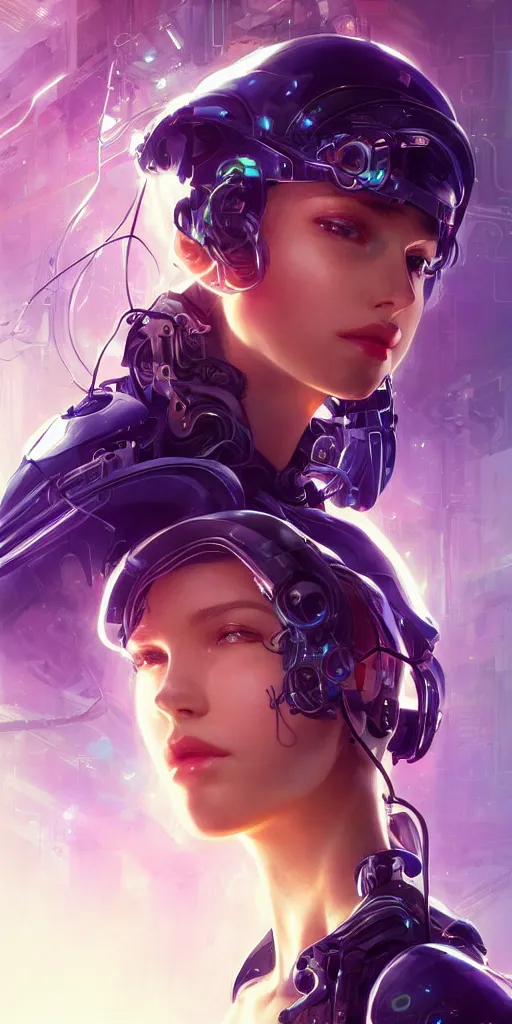 Image similar to beautiful, young woman, cybernetic, cyberpunk, wires, cables, halo, glow, detailed gorgeous face, flowing hair, vaporwave aesthetic, synthwave , digital painting, artstation, concept art, smooth, sharp focus, illustration, art by artgerm and greg rutkowski and alphonse mucha