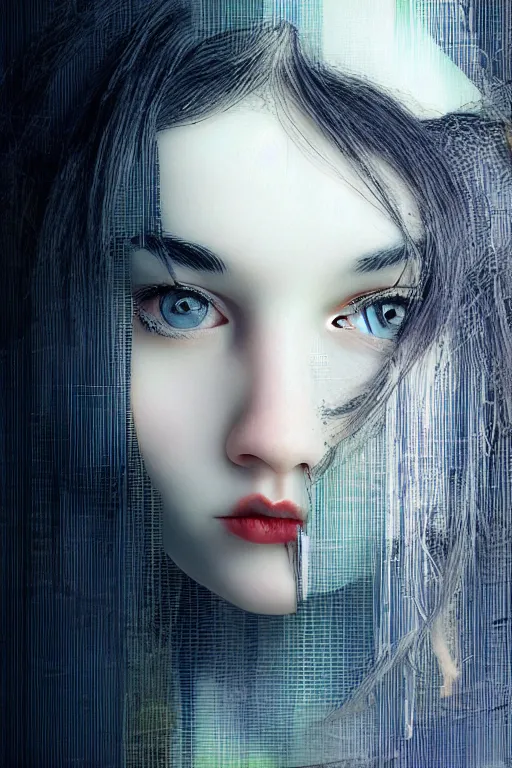 Image similar to glitch, picture portrait,(((((((((((((young woman's face))))))))))))), long black hair, glitch, pale skin, glitch, digital render, super-detailed ,glitch, by Millais