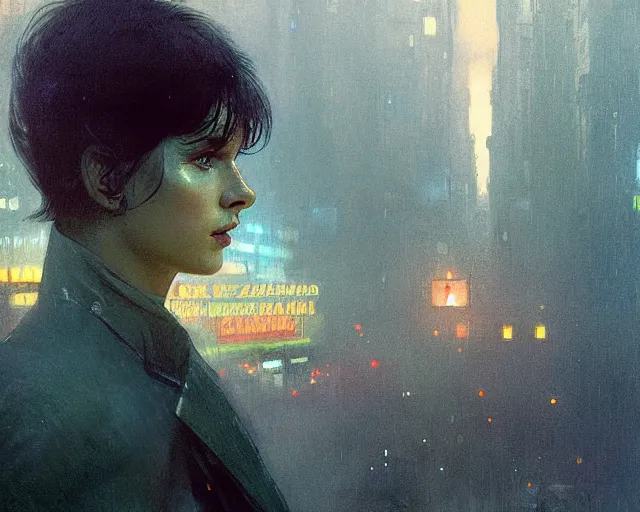 Prompt: 2 0 1 8 blade runner movie still man look at the cityscape from roof perfect face fine realistic face pretty face neon puffy jacket blue futuristic sci - fi elegant by denis villeneuve tom anders zorn hans dragan bibin thoma greg rutkowski ismail inceoglu illustrated sand storm alphonse mucha