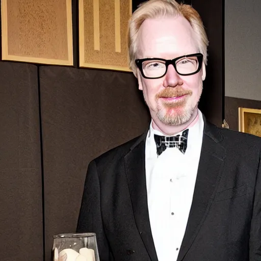 Image similar to adam savage in a fancy suit by a upscale party