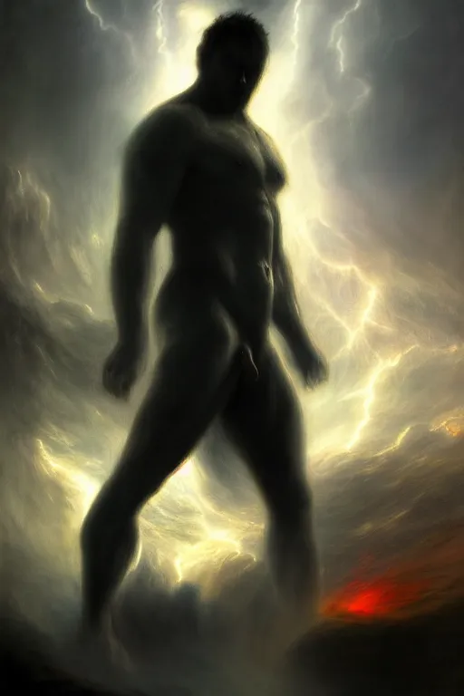 Image similar to a hulking human male silhouette in the darkness, his eyes glowing red, roiling stormclouds overhead,. atomospheric, artgerm, in the style of turner, high detail, 8 k resolution,