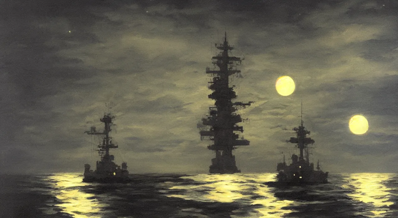 Prompt: Close up of battleship at night in the middle of the ocean, lit by the moon, oil painting