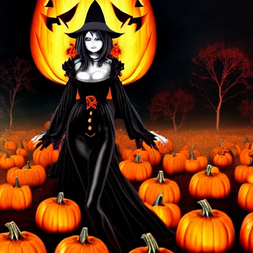 Image similar to beautiful witch woman, black cat, pumpkins, spooky halloween night, wallpaper aesthetic, beautiful, cinematic, dramatic, super detailed and intricate, 4 k render, by kentaro miura