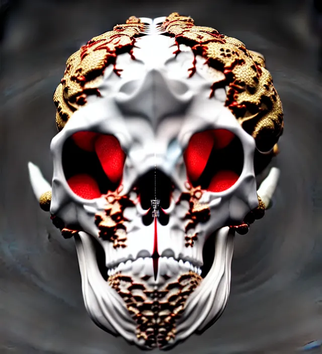 Prompt: complex 3 d render of a beautiful porcelain alien skull. white and red gold, fractal veins. dragon cyborg, 1 5 0 mm, beautiful natural soft light, rim light, gold fractal details, fine lace, mandelbot fractal, anatomical, glass, facial muscles, elegant, ultra detailed, metallic armor, octane render, depth of field