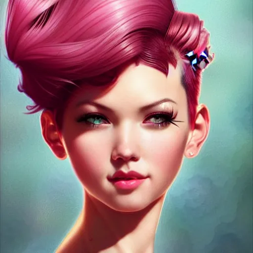 Prompt: head and shoulders portrait of VI of League of Legends, pink short hair, sidecut hairstyle, steampunk acessoires, illustration, medium shot, intricate, elegant, highly detailed, digital art, sharp lines, ffffound, art by gil elvgren and sachin teng