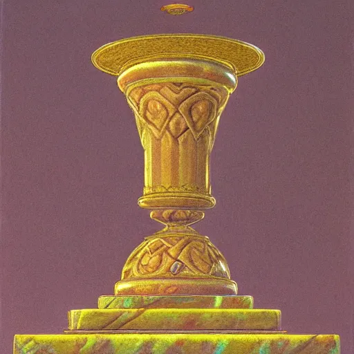 Image similar to still life renaissance pastel painting of a room with a marbled pedestal displaying an ancient holy artifact lotus, chromed and ornate with gentle iridescent shine from within. perspective from the side. realistic light and shadows. moody final fantasy concept art