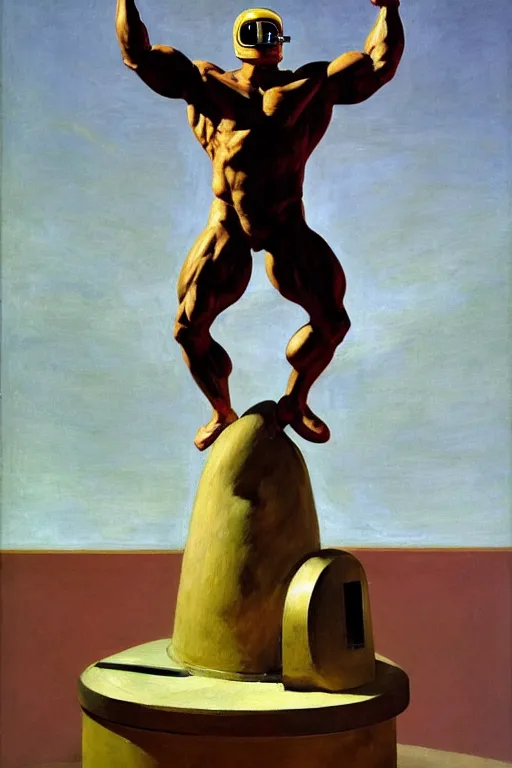 Image similar to bodybuilder in an astronaut helmet lifts a statue of a horse, highly detailed painting by francis bacon, edward hopper, adrian ghenie, gerhard richter, and james jean soft light 4 k,