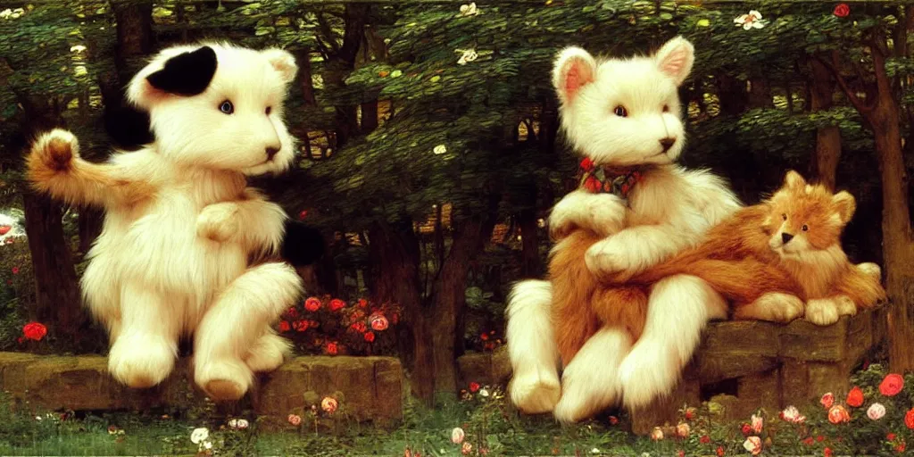 Prompt: 3 d precious moments plush animal, realistic fur, mythology, daily life, master painter and art style of john william waterhouse and caspar david friedrich and philipp otto runge