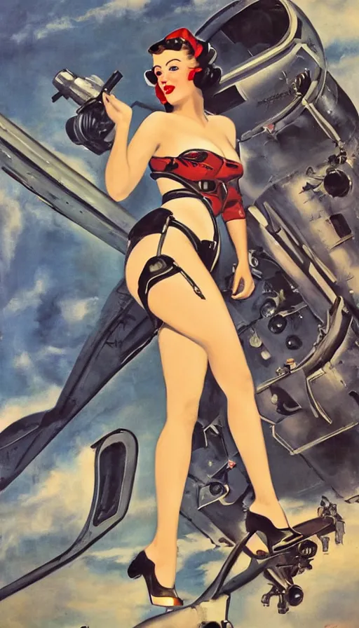 Prompt: full body cyberpunk beautiful woman in the style of a 1 9 4 0 s oil painted pin - up painted on a boeing b 2 9