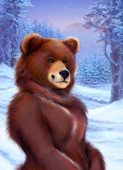 Image similar to award winning beautiful portrait commission art of a female furry anthro polr bear fursona with a cute beautiful attractive detailed furry face wearing cute stylish winter clothes at a comfy winter cabin at dusk by firelight. Character design by charlie bowater, ross tran, artgerm, and makoto shinkai, detailed, inked, western comic book art