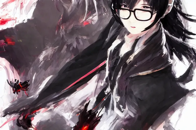 Prompt: 4k concept art of a cute japanese girl wearing round glasses and a long robe, with big red eyes and demon wings and short black hair, drawn by akihiko yoshida and tsutomu nihei and wadim kashin and john berkey and makoto shinkai and yoji shinkawa