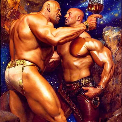 Image similar to muscular dwayne the rock johnson wears leather and drinks martinis at a celestial dance club and falls in love with the handsome god jupiter, painting by gaston bussiere, craig mullins, j. c. leyendecker, tom of finland