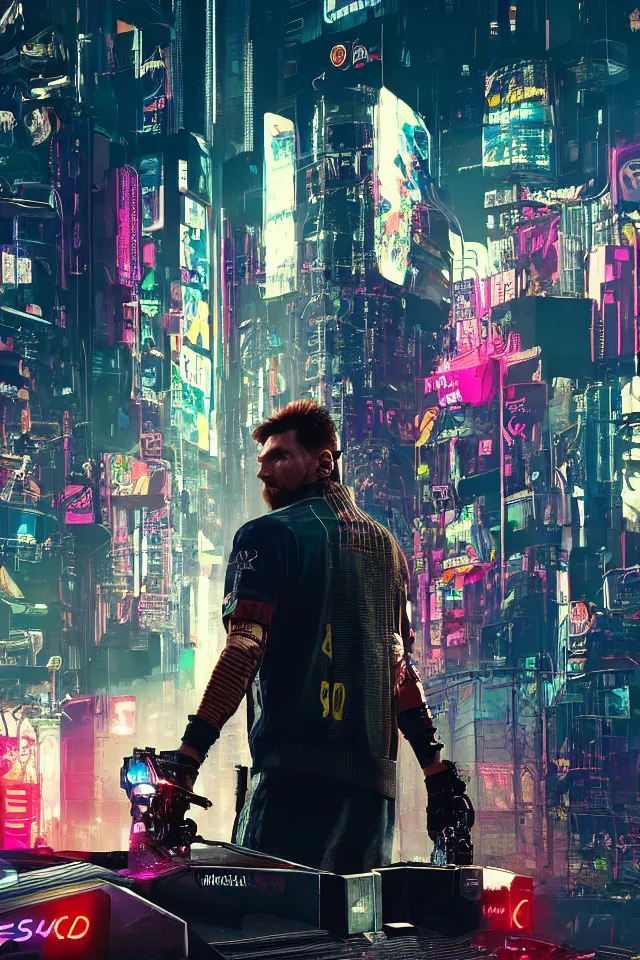 Image similar to Messi as a cyberpunk, cyberpunk 2077, realistic, 8K, detailed, film grain,