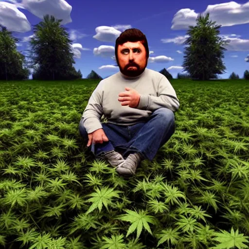 Image similar to randy marsh from south park sitting in the field of weed he grows on tegridy farms, 4 k