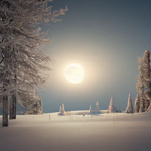 Prompt: a winter scene with the moon rising above the horizon, octane render by lisa frank