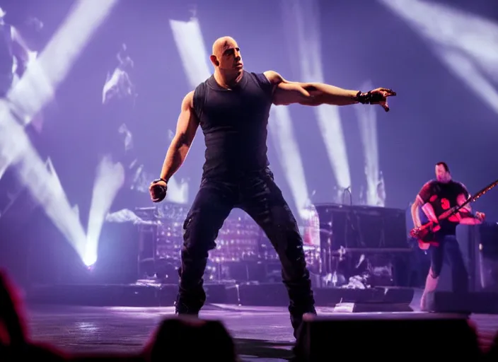 Prompt: publicity photo still of vin diesel in blind guardian live on stage, 8 k, live concert lighting, mid shot