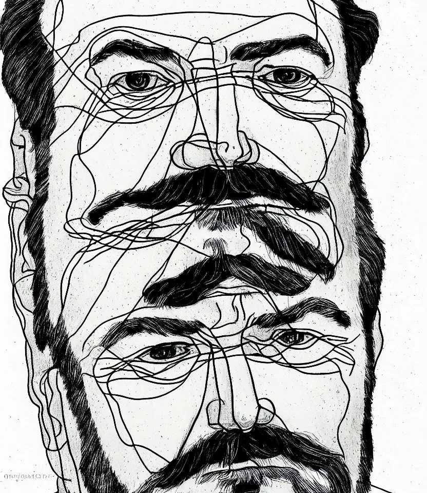 Prompt: detailed line art portrait of ernest hemingway, inspired by egon schiele. caricatural, minimalist, bold contour lines, musicality, soft twirls curls and curves, confident personality, raw emotion