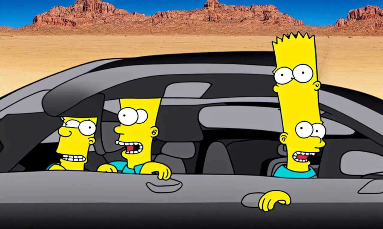 Image similar to bart simpson in tesla car in the desert, realistic picture