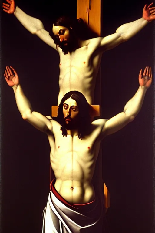 Prompt: full body shot, jesus on cross, painting by caravaggio, breugel, masterpiece, highly detailed, dark background, octane rendering 8 k, depth of field, bokeh.