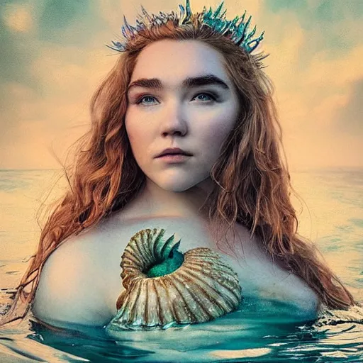 Image similar to “ florence pugh portrait, fantasy, mermaid, hyperrealistic, game character, underwater,, highly detailed, cinematic lighting, pearls, glowing hair, shells, gills, crown, water, highlights, starfish, goddess, jewelry, realistic, digital art, pastel, magic, fiction, ocean, queen, colorful hair, sparkly eyes, fish, heroic, waves, bubbles ”