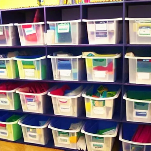 Prompt: classroom full of organization bins