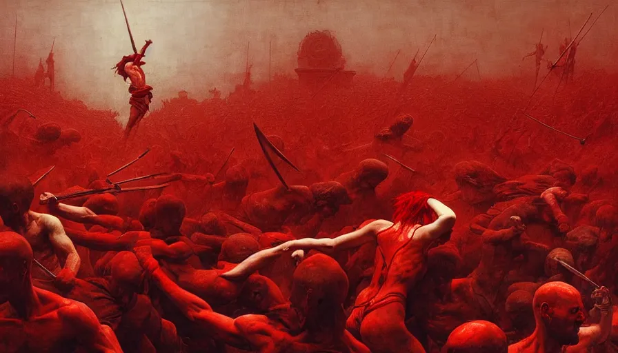 Prompt: only with red, bloody gladiator battle in a crowded roman amphitheatre, crowd cheering, in the style of beksinski and edward hopper and rodcenko and yue minjun and greg rutkowski, intricate and epic composition, red by caravaggio, highly detailed, masterpiece, red light, artstation, art nouveau