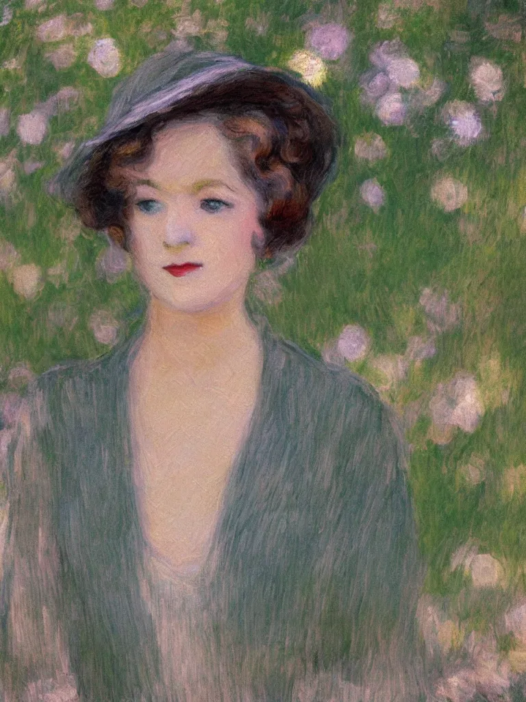 Prompt: portrait of < zelda fitzgerald > as a beautiful young lady wearing 1 9 2 0 s fashion, blurry face, fair, slim, fair, severe out of focus, depth of field, pleinairism, in the sun, backlit, closeup, oil on canvas, atr by monet, in the style of le promenade, smooth, impressionnisme, 8 k