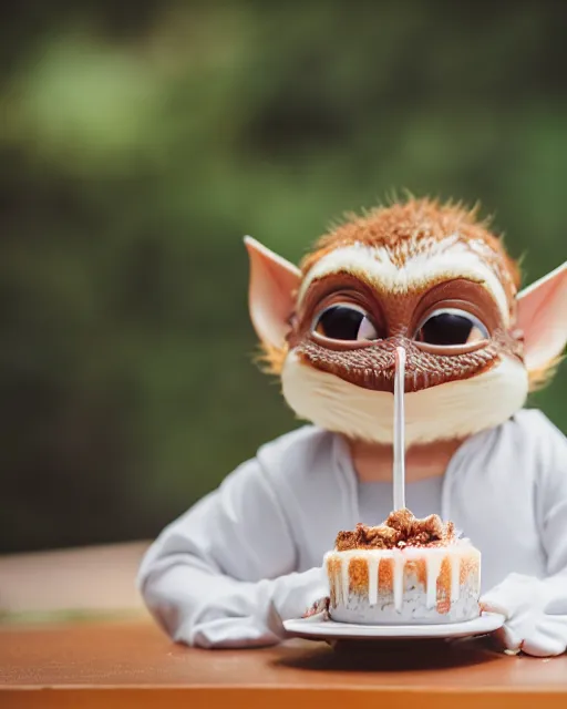 Prompt: high quality presentation photo of a cute gremlin eating a cake, photography 4k, f1.8 anamorphic, bokeh, 4k, Canon, Nikon