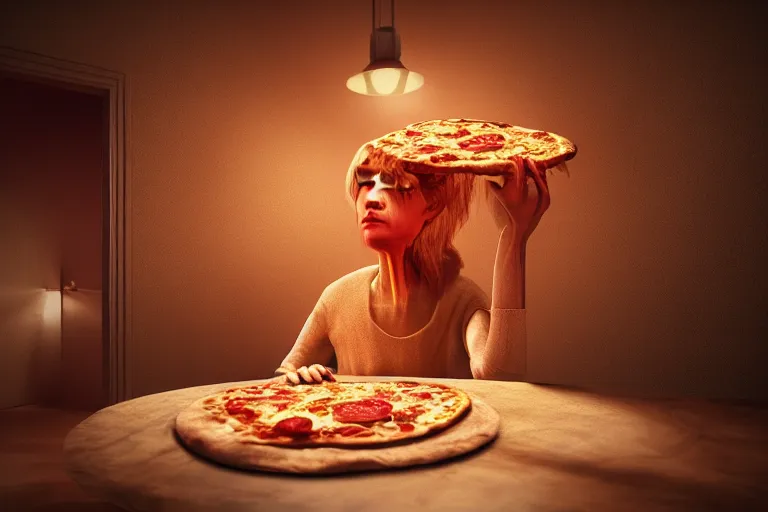 Image similar to evil woman made of pizza, photorealistic, cinematic lighting, beatiful house