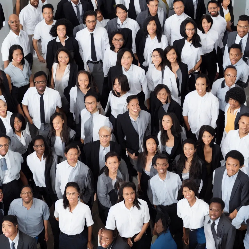 Prompt: A group of men and women, black, asian seen from behind meet in a minimalist office, corporate portrait, canon 5d, colors, sigma 85mm, f 1/4