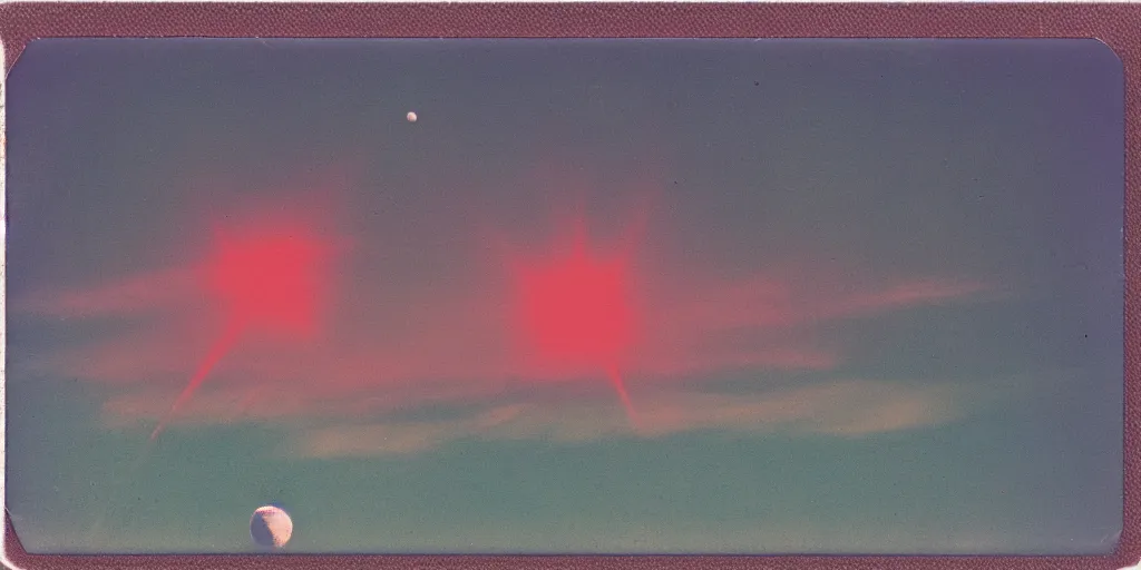 Prompt: analog polaroid photograph of the moon in the sky, clouds visible, chemtrails, a rocket firing into space, lensflare, film grain, azure sky tones, red color bleed