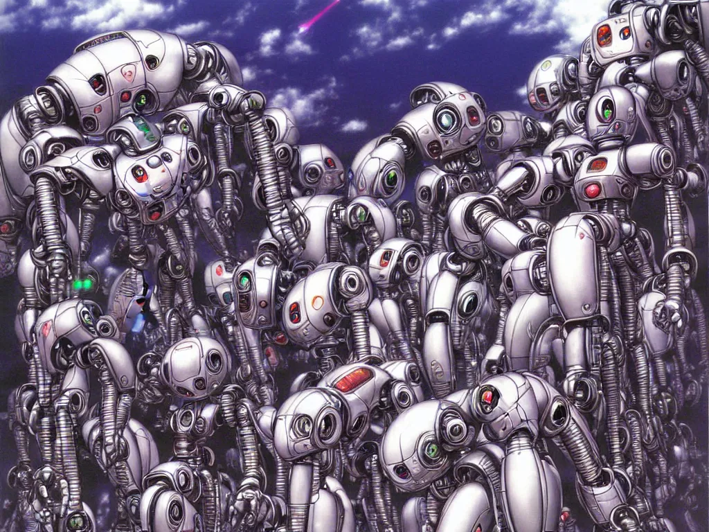 Image similar to programmers bowing down to their robot overlord by Yoshitaka Amano