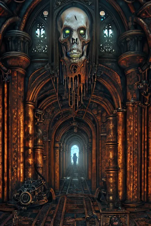 Prompt: steam necropolis, memento mori, gothic, neo - gothic, art nouveau, hyperdetailed copper patina medieval icon, stefan morrell, philippe druillet, ralph mcquarrie, concept art, steampunk, unreal engine, detailed intricate environment, octane render, moody atmospherics, volumetric lighting, ultrasharp, ominous, unearthly