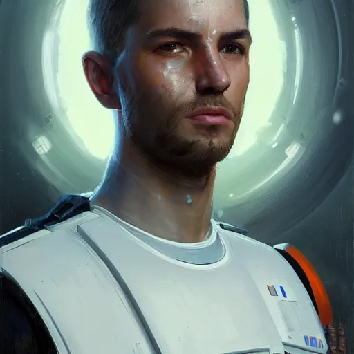 Image similar to portrait of a man by greg rutkowski, a soldier of the new galactic republic, wearing a white, blue and orange tactical gear, star wars expanded universe, highly detailed portrait, digital painting, artstation, concept art, smooth, sharp foccus ilustration, artstation hq