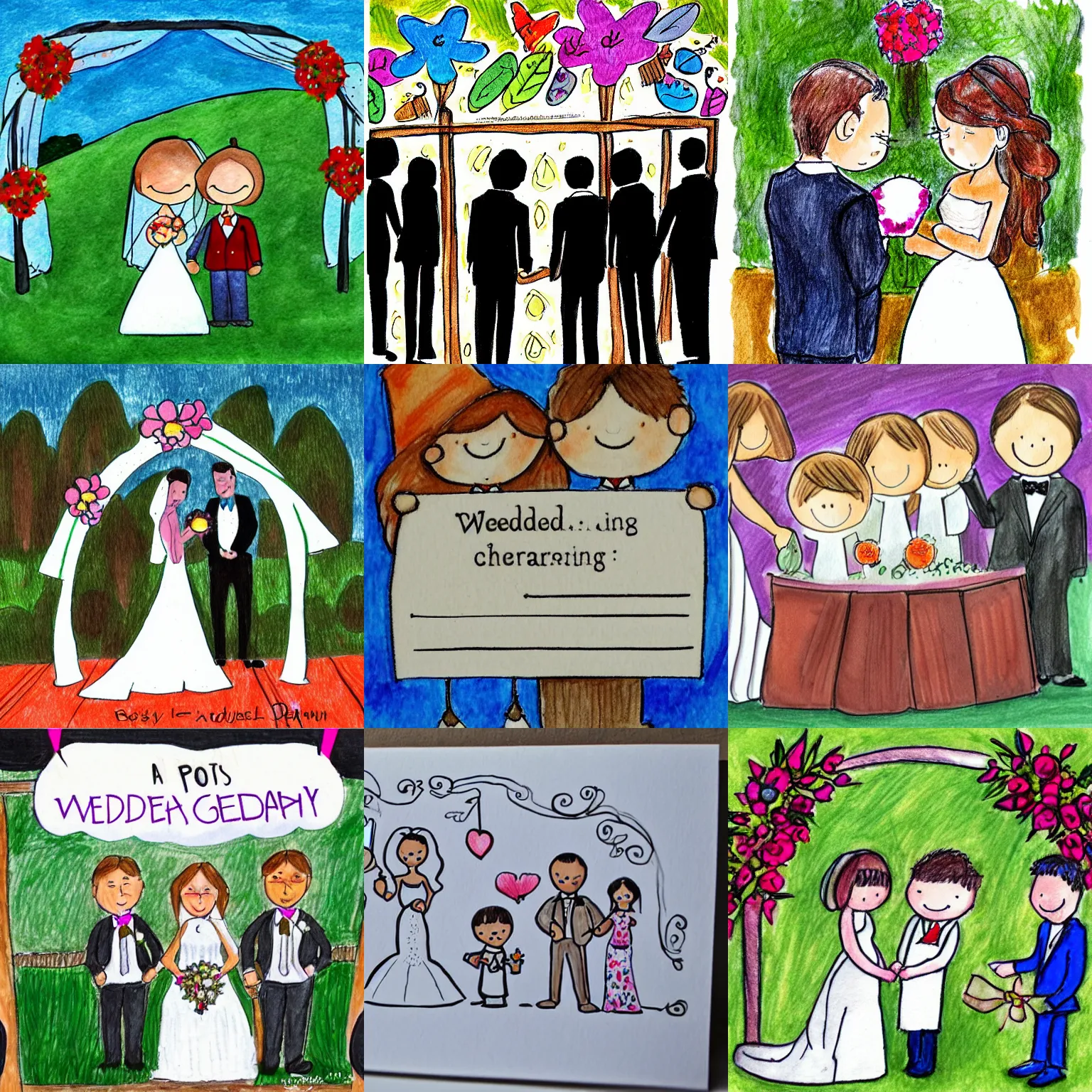 Prompt: wedding ceremony congrats post cards art by talent kid drawings