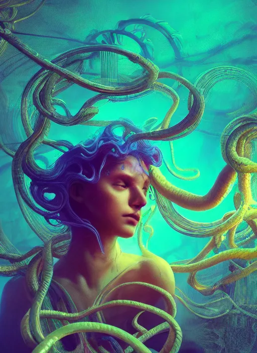 Image similar to subsurface scattering, medusa made of soft wax, cgsociety, translucent, wooden art nouveau swirls, colored smoke, gold cables, neurons, nuclear, in the style of ruan jia and beeple and giger, mystical colors, back light, rim light, dramatic lighting, 8 k, stunning scene, raytracing, octane render