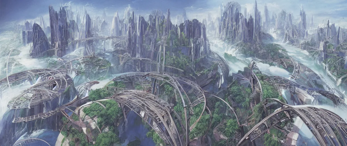 Image similar to A beautiful illustration of a futuristic city of bridges built on a world of waterfalls by Robert McCall and Ralph McQuarrier | sparth:.2 | Time white:.2 | Rodney Matthews:.2 | Graphic Novel, Visual Novel, Colored Pencil, Comic Book:.6 | unreal engine:.3 | | viewed from above | establishing shot:.7