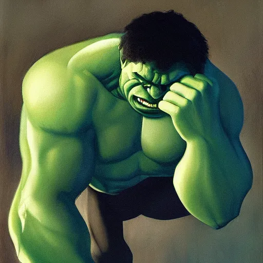 Prompt: the incredible-hulk is feeling weak by Raphael, Hopper, and Rene Magritte. detailed, romantic, enchanting, trending on artstation.