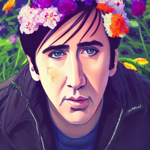 Image similar to a portrait of Nicolas Cage, field of flowers background, rich vivid colors, ambient lighting, dynamic lighting, 4k, official media, anime key visual, makoto shinkai, ilya kuvshinov, lois van baarle, rossdraws, detailed, trending on artstation